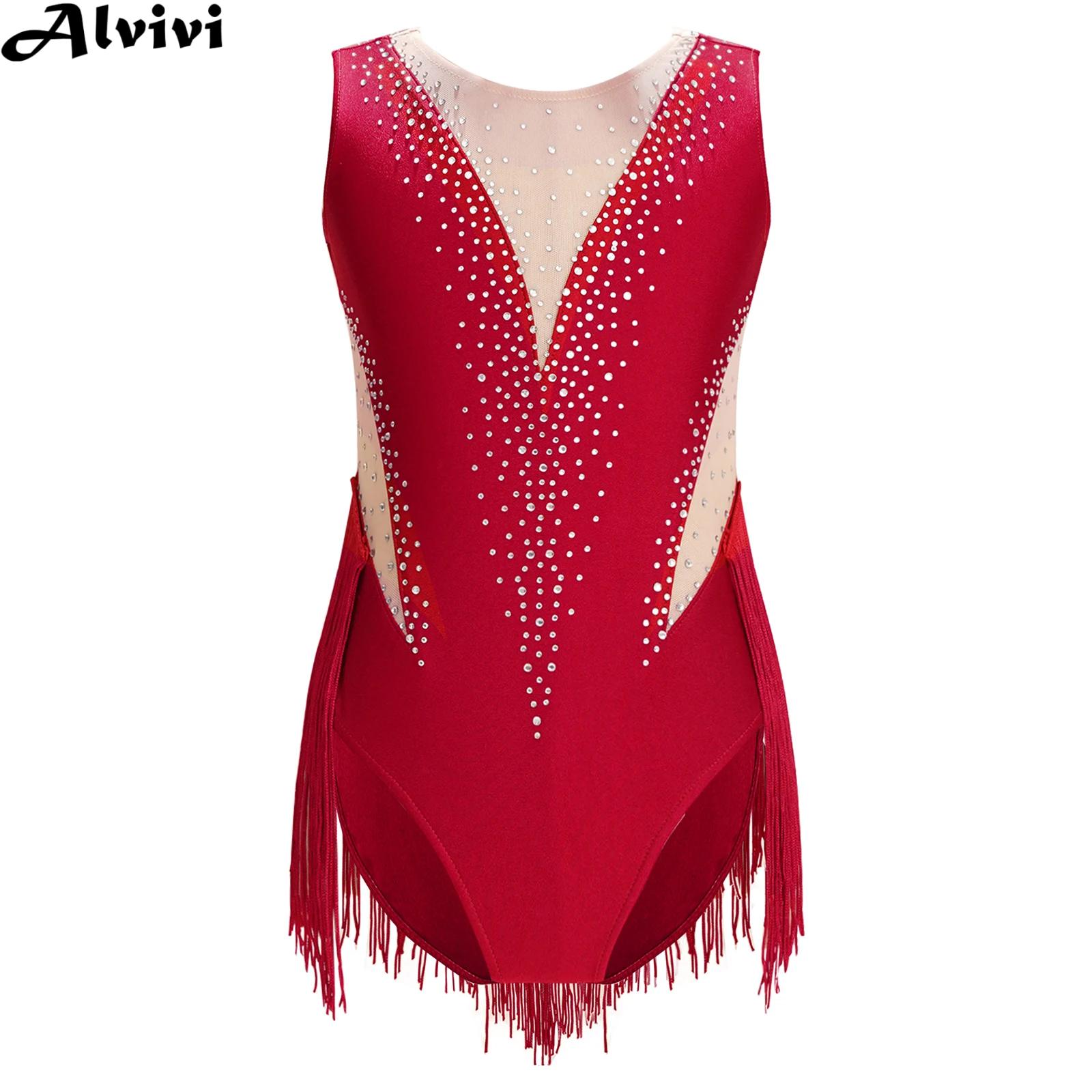 Body de patinaje artístico para niñas, Ballet, gimnasia, baile latino, Cha-Cha, Ropa de baile, leotardo con borlas de diamantes de imitación brillantes