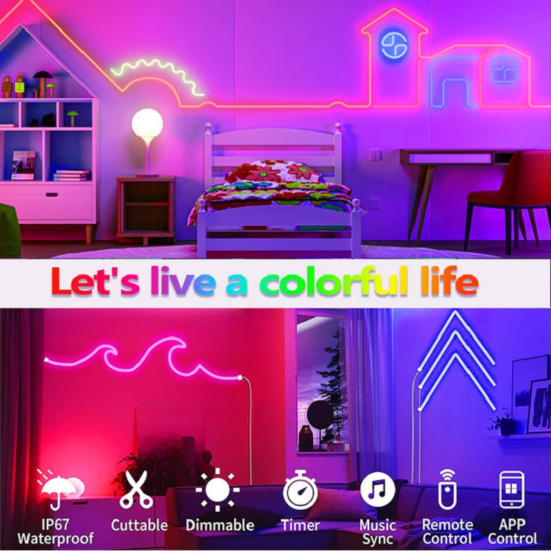 Tira de luces LED de neón con Bluetooth, cuerda de luz de neón con sincronización de música RGBIC Dreamcolor, cinta de persecución para decoración de juegos en habitación