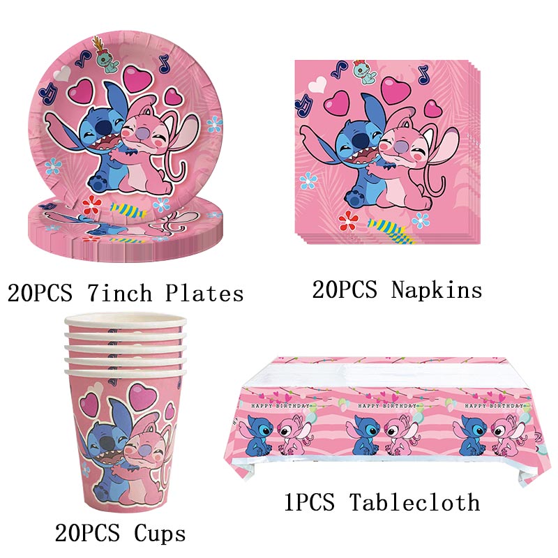 Decoración de cumpleaños de Lilo y Stitch, juego de vajilla temática de fiesta de punto rosa de Disney, globos de Ángel, suministros felices, recuerdos para niñas
