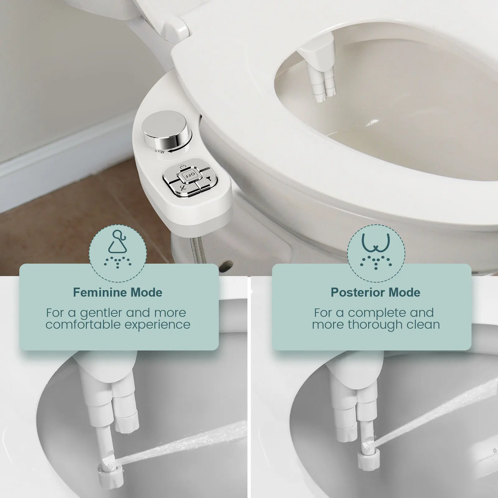 SAMODRA Knopf-Bidet – nicht elektrisch, selbstreinigende Doppeldüse (vorne und hintere Waschung), Süßwasser-Bidet, Toilettensitzaufsatz