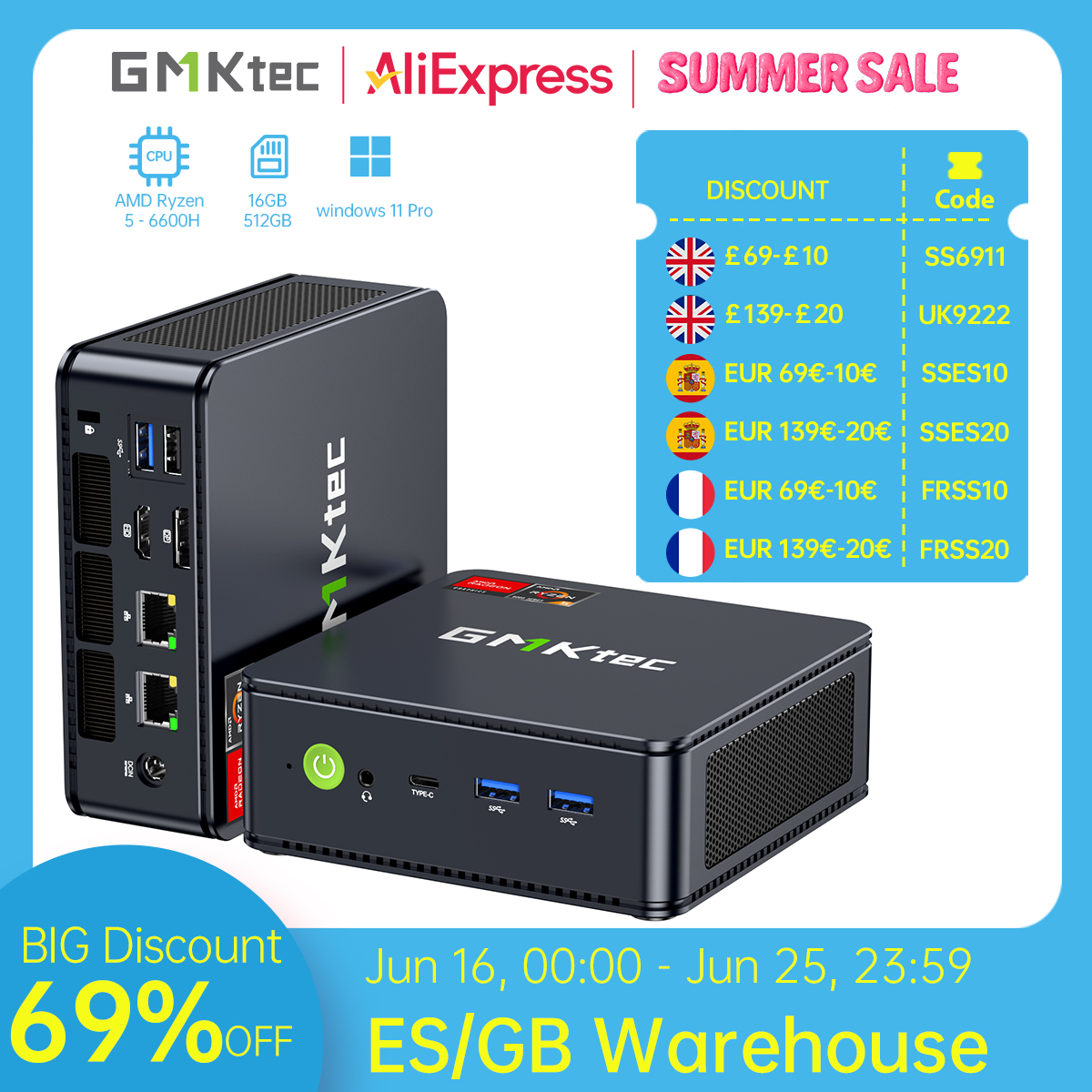 GMKtec M6 Mini PC AMD R5 6600H ordenador de 6 núcleos y 12 hilos 16GB DDR5 512GB PCIe 3,0 SSD WiFi 6 BT5.2 Mini PC ordenador de escritorio