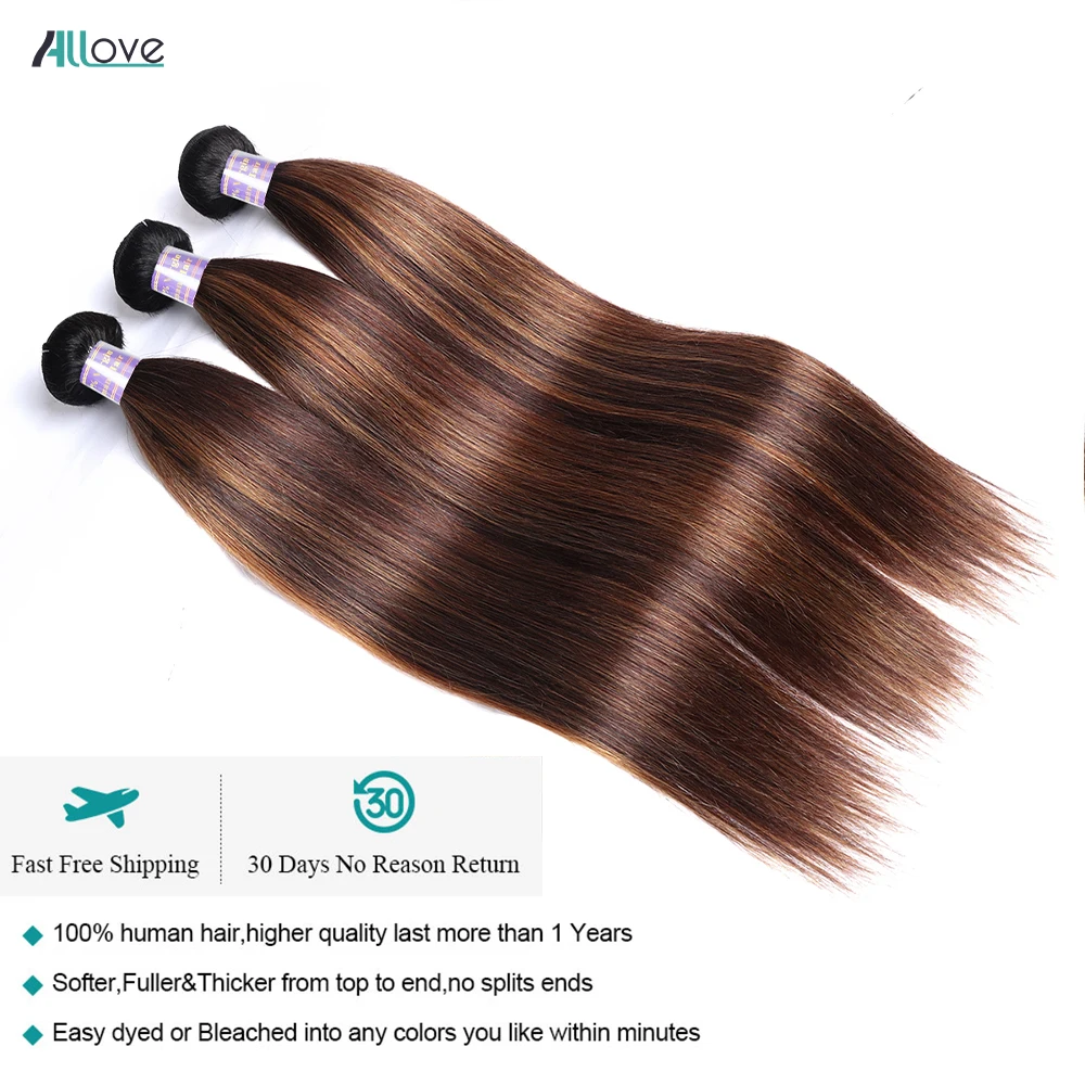 Allove 1B 4 30กระจุกเส้นผมมนุษย์เครื่องยืดผมตรง FB 30 100% ต่อสานเส้นผมมนุษย์บริสุทธิ์ของบราซิล