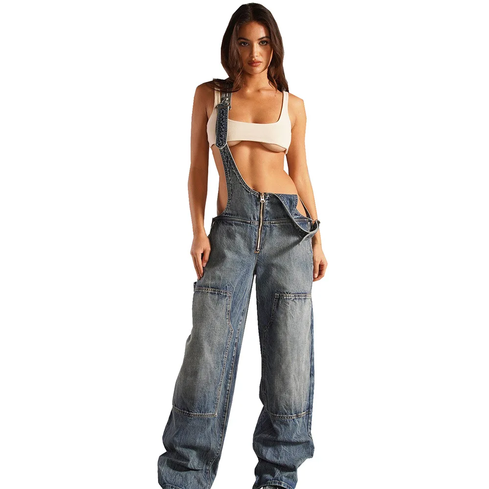 Jumpsuits กางเกงยีนส์สตรี Overalls เซ็กซี่ Backless Vintage ความยาวเต็มกางเกงยีนส์ตรงกางเกงหลวม Distressed ล้างสบายๆ