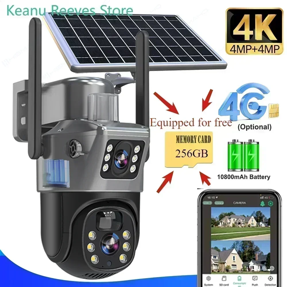 4K 8MP Sim Card Solar Camera Comes Free with A 256G Memory Outdoor IP Cam Dual Screen Security Protection Wireless Surveillance