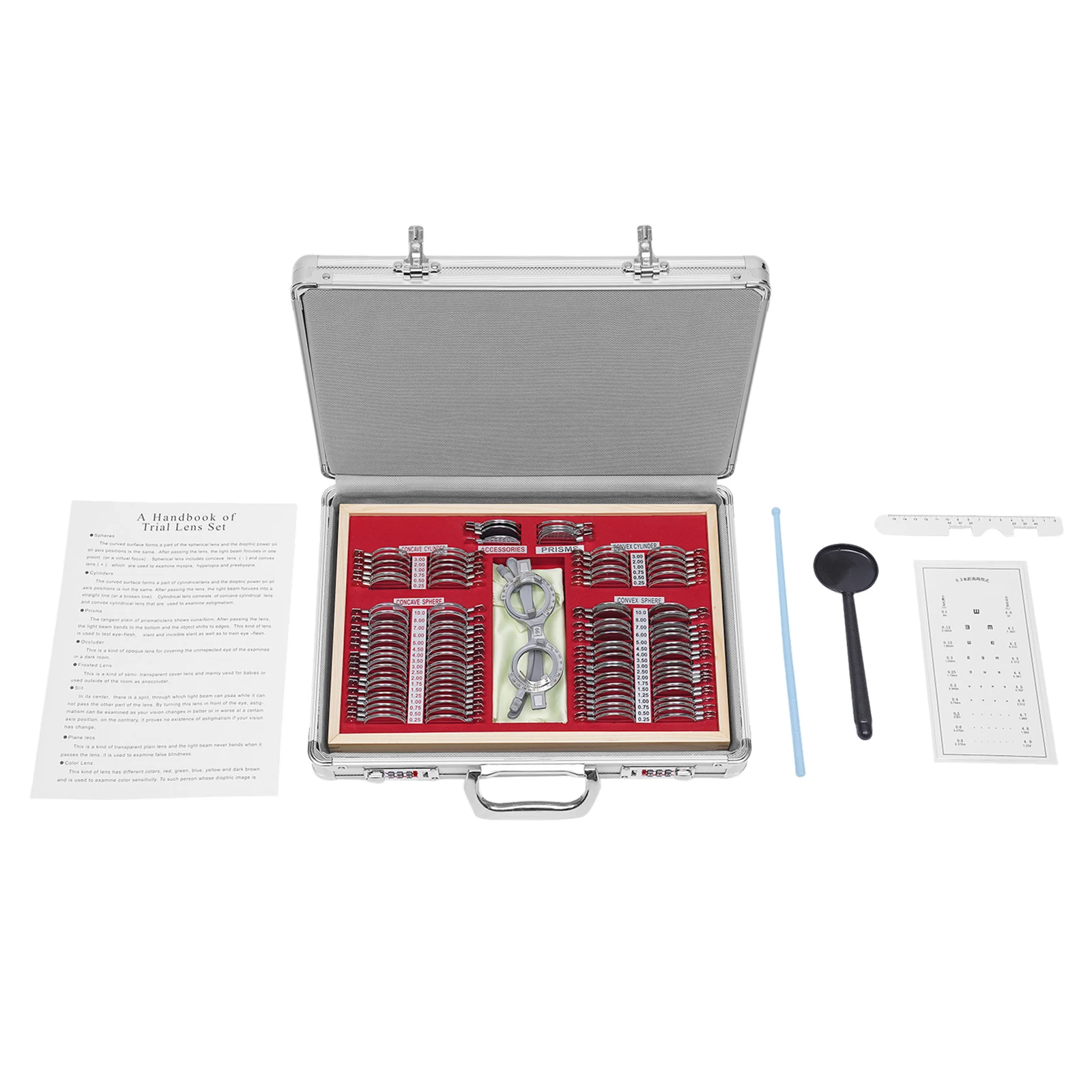 Kit set di lenti di prova da 104 pezzi, scatola con struttura in metallo, kit di optometria per telaio di prova, telaio di precisione per lenti di prova ottiche con scatola argentata per lenti
