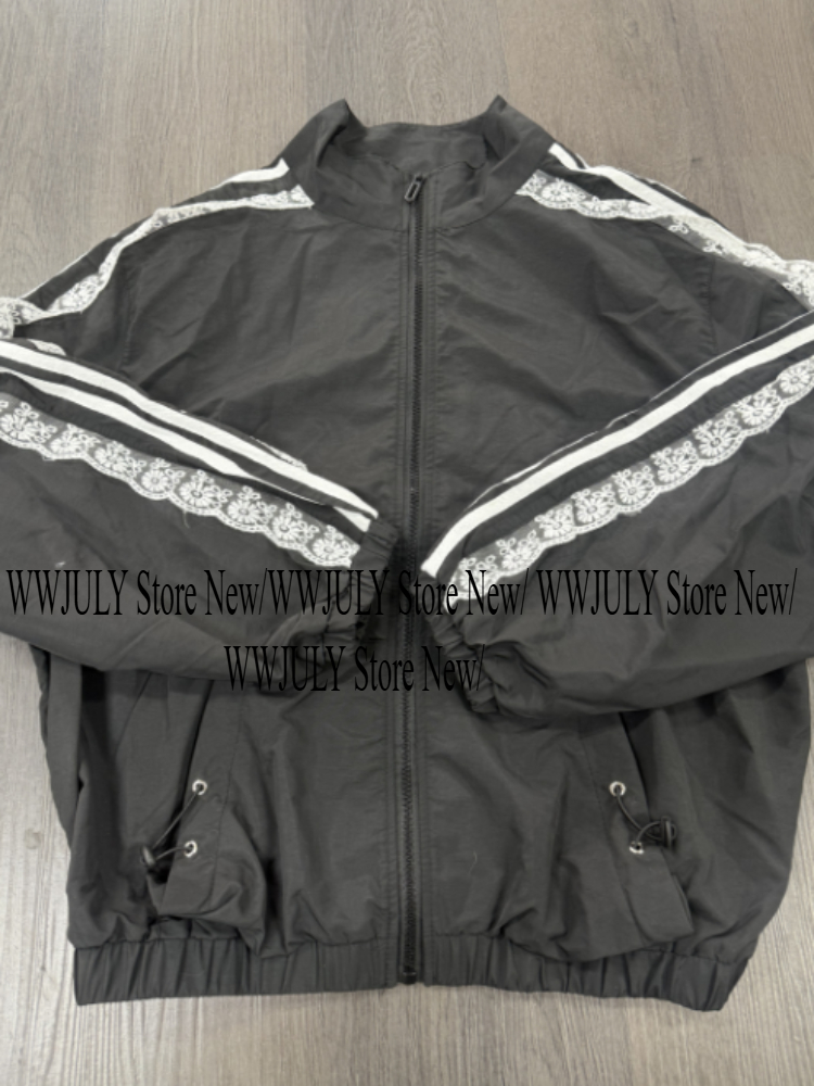 レースパッチワークストライプ日焼け防止ジャケット女性のための 2025 新しい韓国因果ジッパースタンドネックカーディガンコートトップデザイン