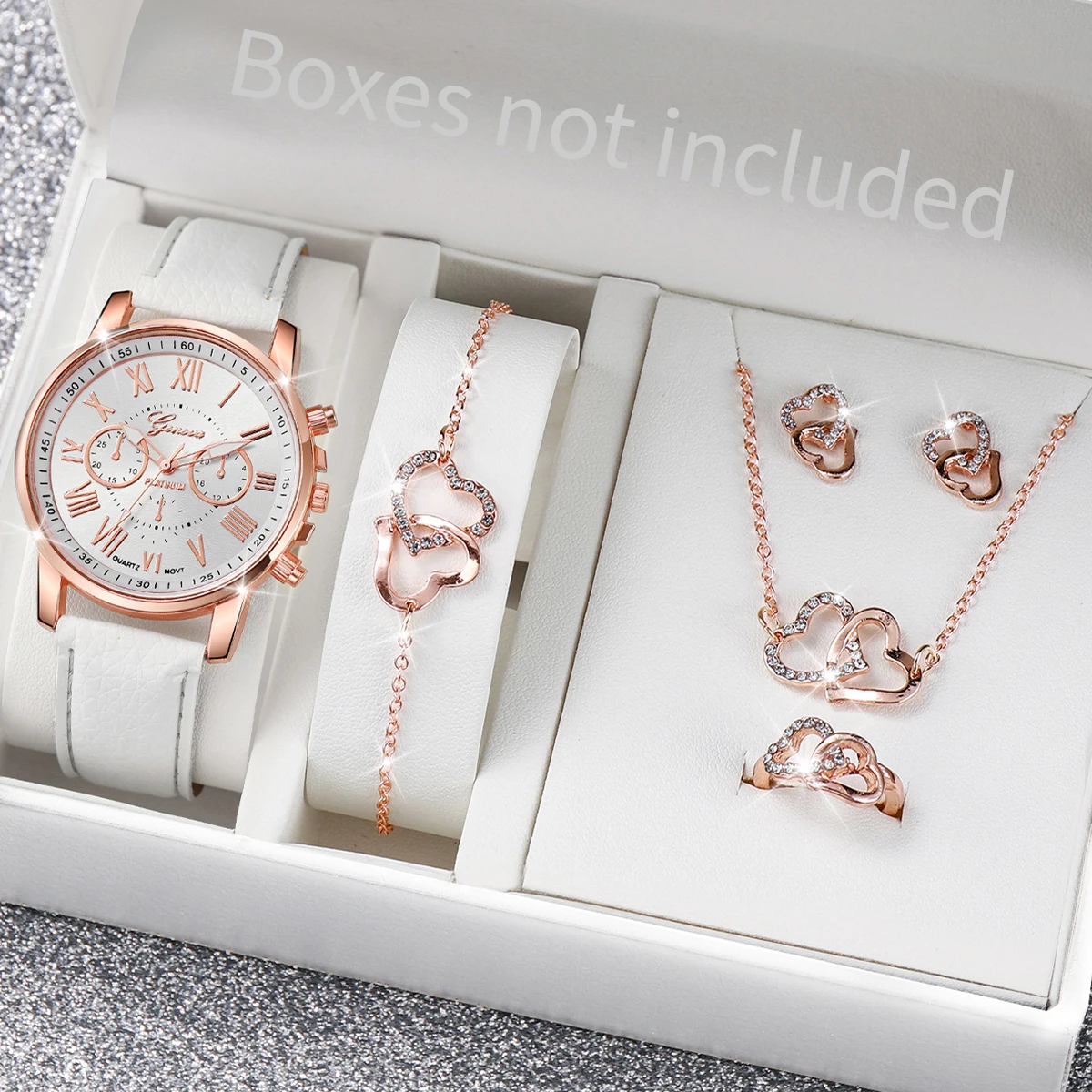 5/6PCS ผู้หญิงหรูหรานาฬิกาชุดเครื่องประดับแฟชั่น Roma Dial สุภาพสตรีหนัง Band Quartz นาฬิกา Relogios Feminino (ไม่มีกล่อง)