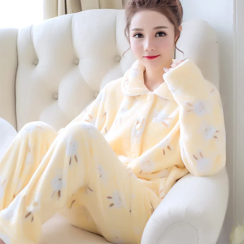 Neue frauen Herbst und Winter Warme Pyjamas Homewear Anzug Korallen Samt Pyjamas Mädchen Gepolsterte Verdickte Süße Flanell Homewear