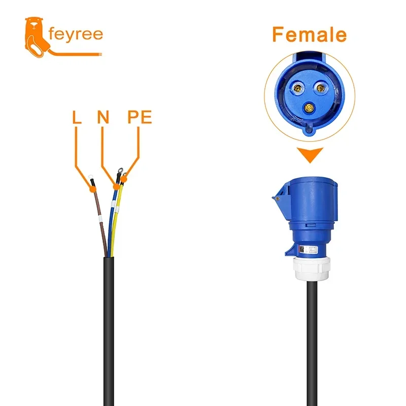 Feyree-cargador EV CEE hembra, adaptador de enchufe Schuko de 3 pines, conexión impermeable, enchufe de montaje en pared, cargador portátil de 32A y 7KW
