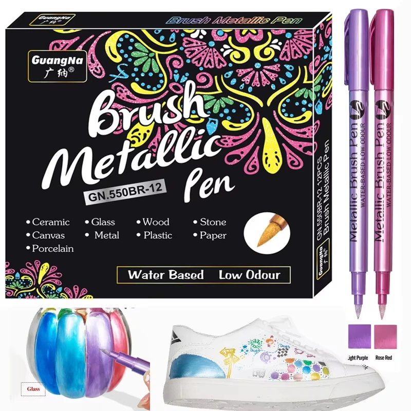 12 สีแปรงสีเมทัลลิค Markers ปากกาสําหรับ Rock ภาพวาดหินเซรามิคไม้ผ้าสมุดภาพอัลบั้มกันน้ําถาวร Ar