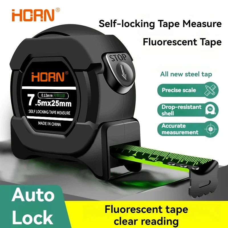 Fita métrica de 5/7.5/10m, fita métrica de aço fluorescente com travamento automático, régua resistente ao desgaste de alta precisão, ferramentas de medição