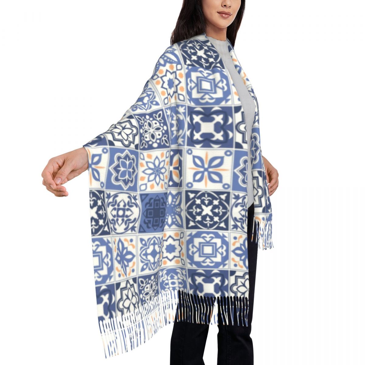 Bufanda de Azulejo azul con borlas para mujer, chales cálidos de invierno, bufandas de flores de Azulejo portugués de lujo
