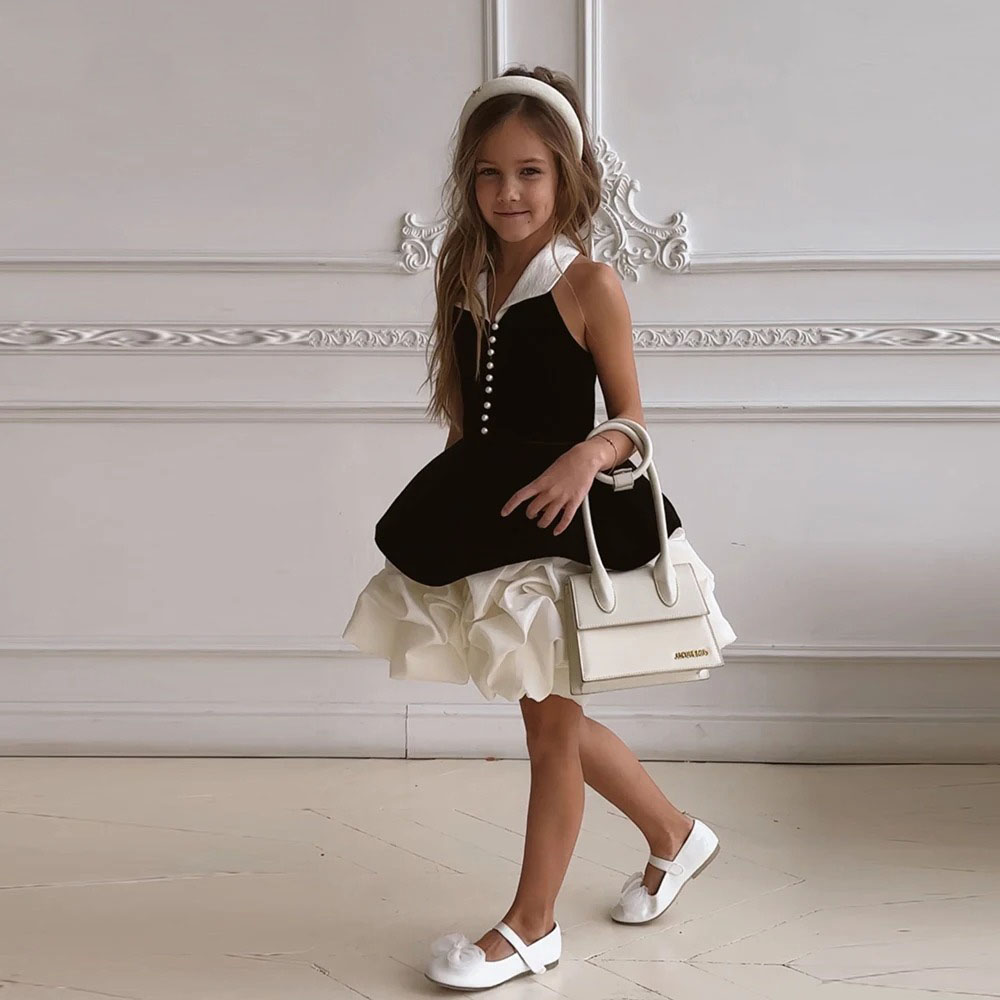 Черные платья с цветочным узором для девочек на свадьбу с бантом и жемчугом, детское бальное платье на день рождения для девочек, платья для первого причастия по индивидуальному заказу