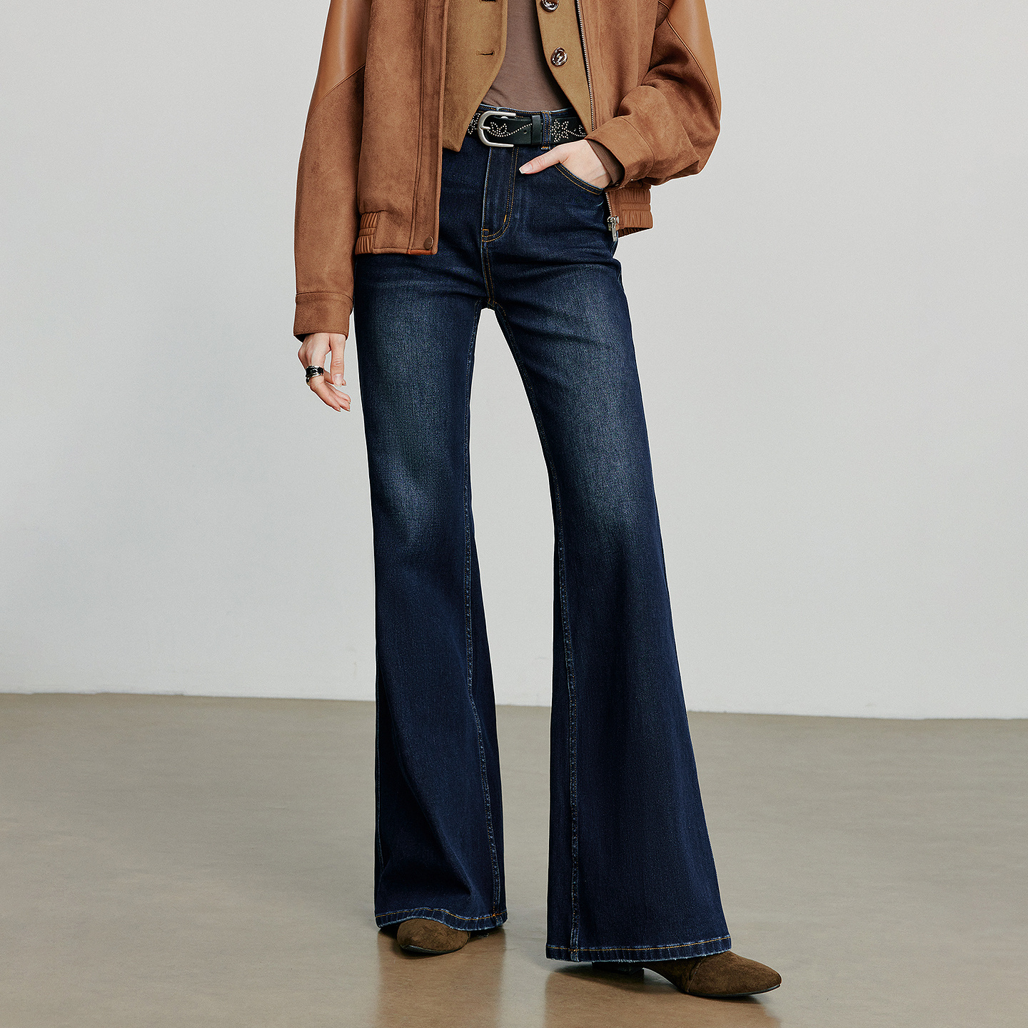 TOYOUTH Dames Denim jeans 2025, Herfst Nieuwe Lycra Stretch Mid Taille Katoen Flares Broek