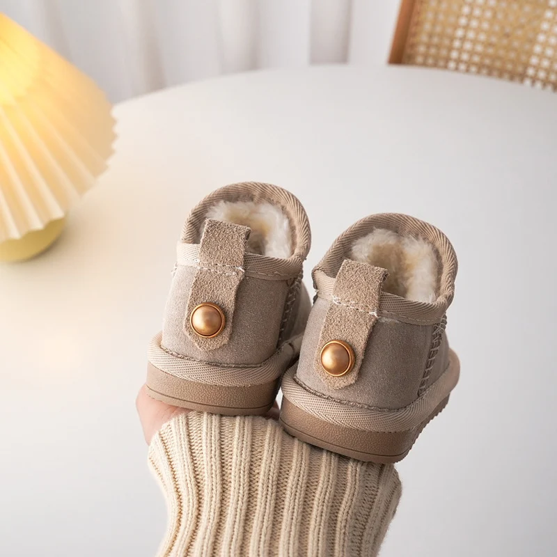 Crianças botas de neve de couro genuíno inverno bebê macio quente sapatos de algodão com pelúcia meninos meninas uma pele camurça botas princesa retro bota