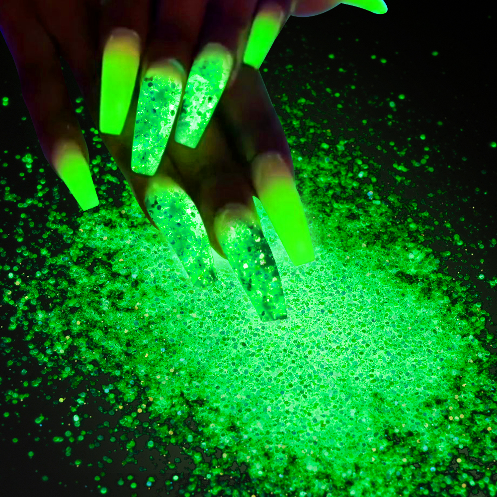 Polvo de uñas luminoso con luz azul y verde, pigmento que brilla en la oscuridad, brillo de fósforo para decoración, suministros para fabricación de joyas, 10g