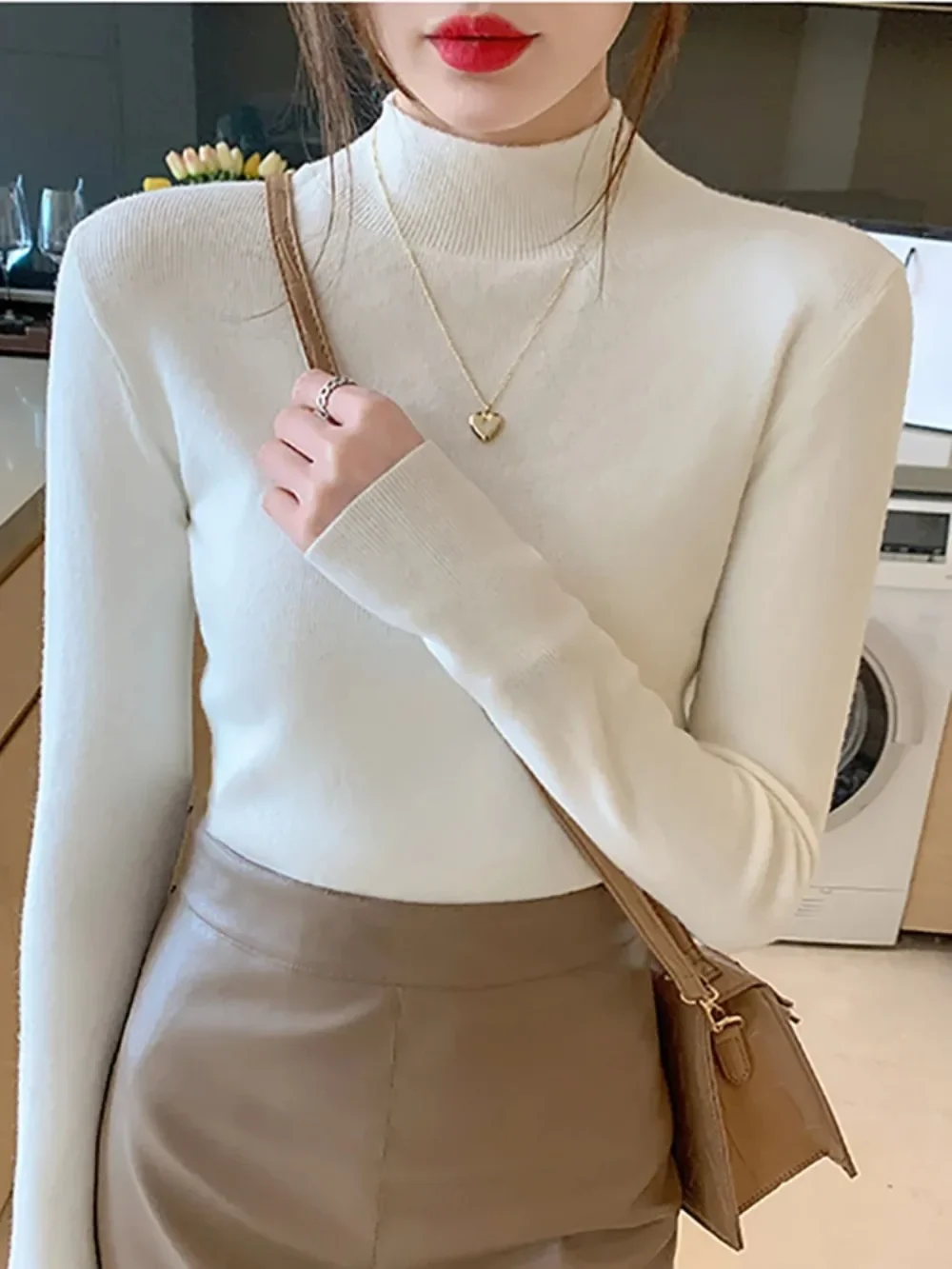 2024 moda Color sólido cuello alto mujeres Otoño Invierno suéteres de punto jerseys básicos de imprimación suéter coreano Jersey ajustado