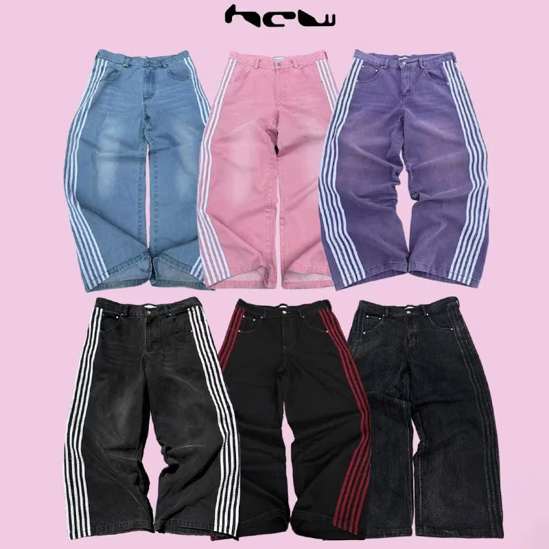 Y2K Baggy Jeans Harajuku streetwear wysokiej jakości haftowane dżinsy w paski vintage goth Hip Hop mężczyźni kobiety Casual dżinsy z szerokimi nogawkami