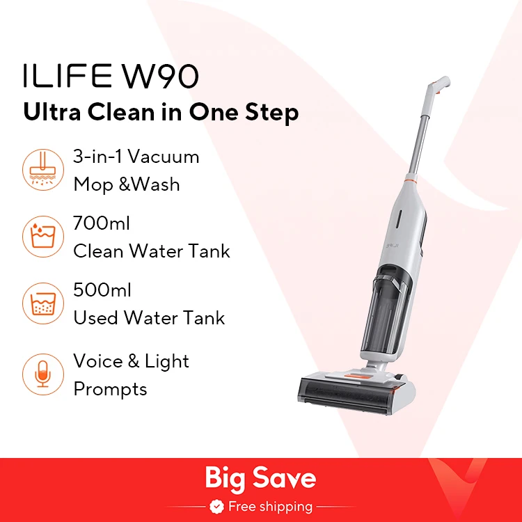 ILIFE W90 draadloze draadloze nat-droog slimme dweilwas, 5500 Pa zuigkracht, 1 min zelfreinigend, grote dubbele watertank