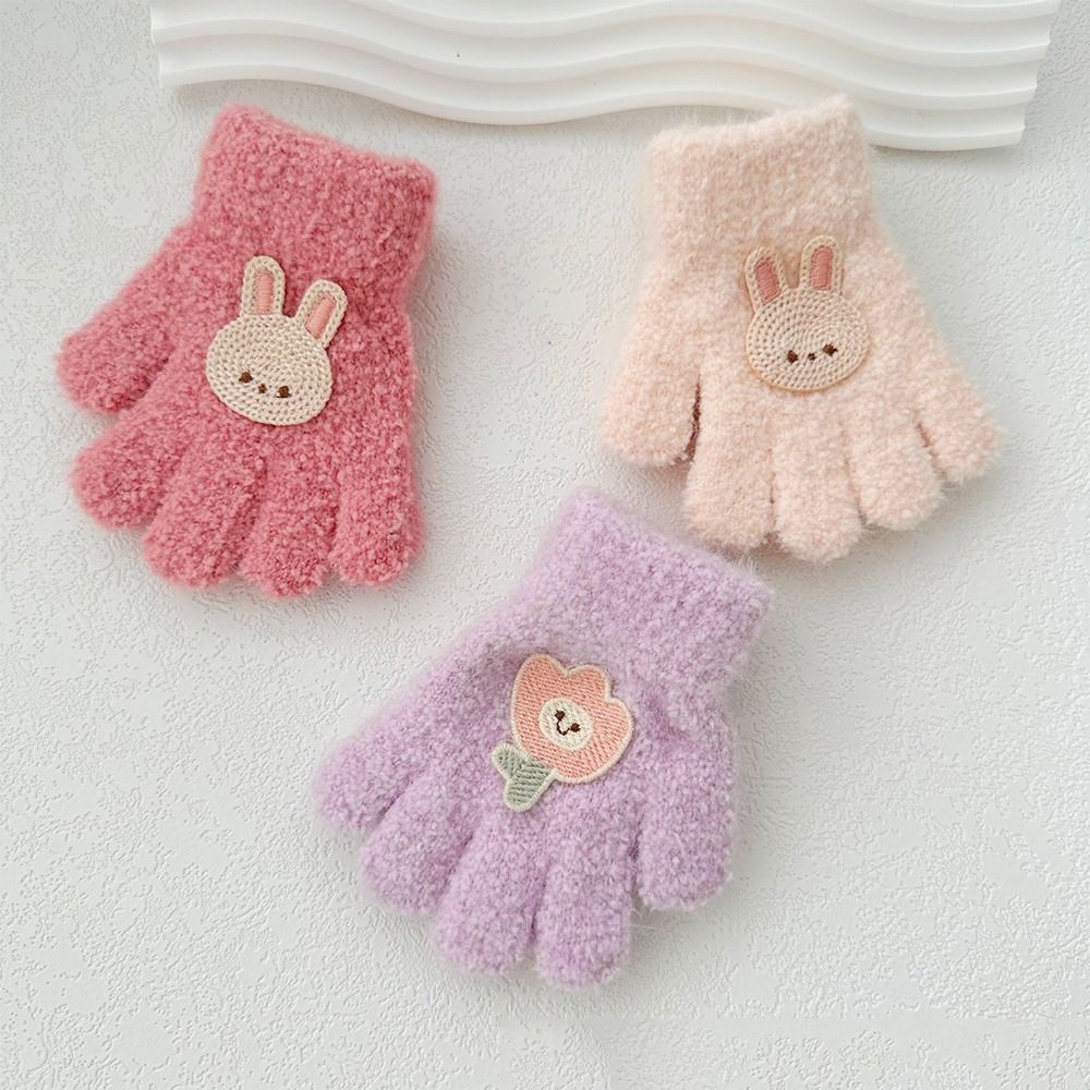 Guantes bonitos para bebé, manoplas con dedos completos de dibujos animados, guantes cálidos de otoño, manoplas de punto esponjosas de Color sólido, guantes gruesos con lazo para exteriores