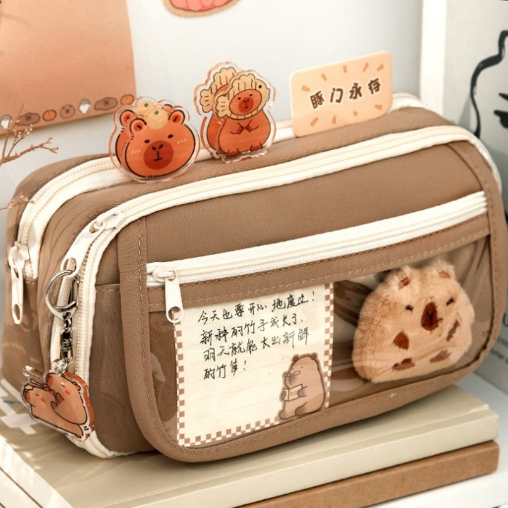 Capybara Large Capacity Pencil Bag Cartoon Stationery Holder Bag With Brooches Stickers Clips Keychains Children Pen Case Pouch
