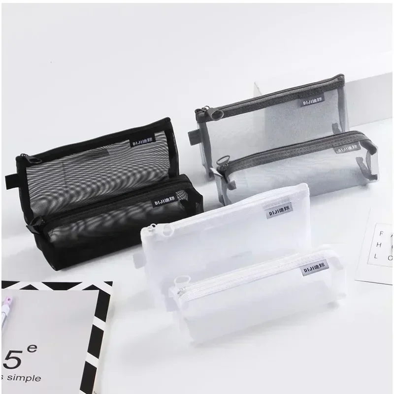 Estuche de lápices transparente de malla Simple, bolsa de almacenamiento para bolígrafos, bolsa con cremallera, Mini papelería portátil, suministros escolares y de oficina, 1 Uds.