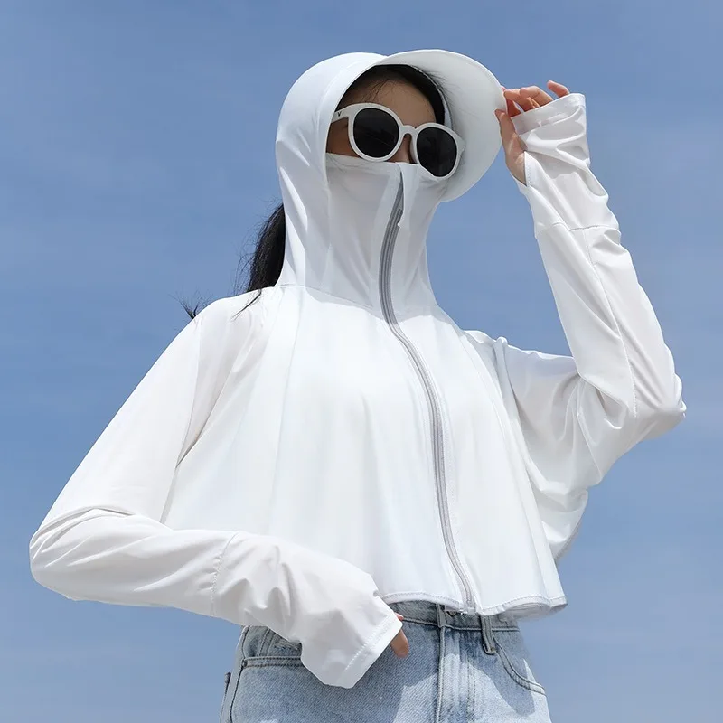 Upf 50 + feminino protetor solar com capuz cor sólida fina seda gelo verão proteção uv jaqueta de manga comprida camisa respirável roupas