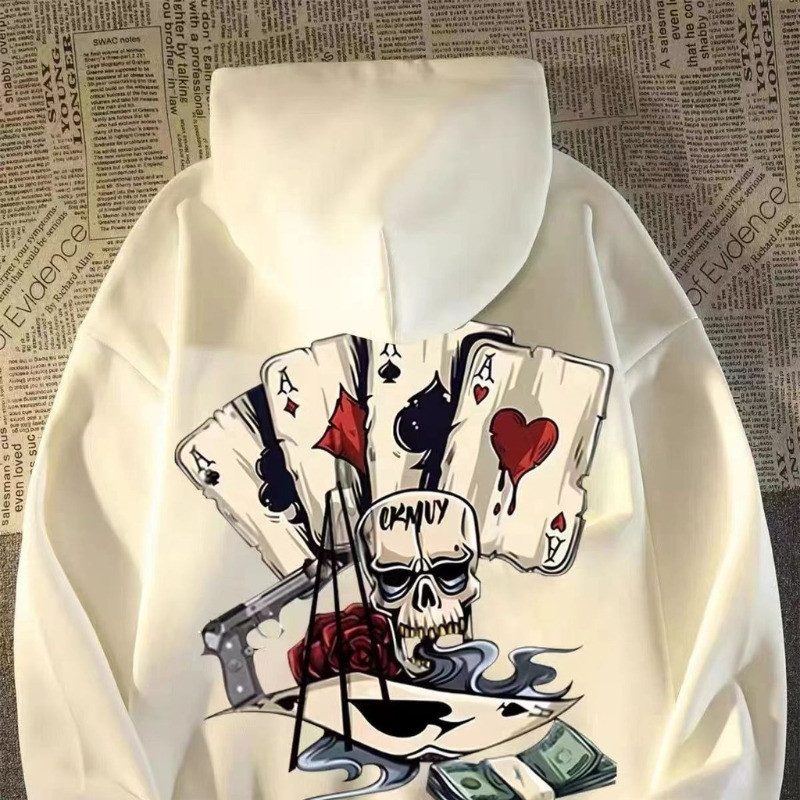 【M-8XL sweats à capuche 】 automne hommes pull à capuche surdimensionné sweat mode lâche squelette Poker imprimé à manches longues Couple vêtements