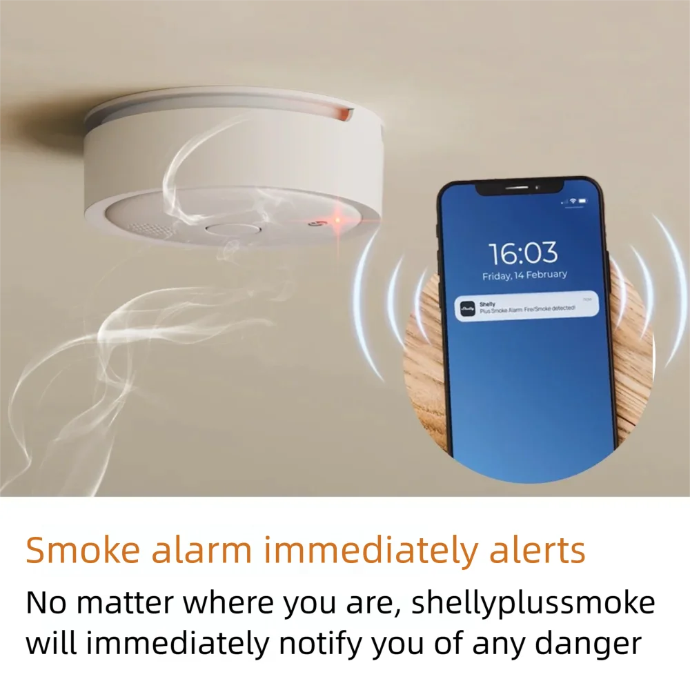 Shelly Plus-alarma de humo fotoeléctrica inteligente, dispositivo con WiFi, eficaz para detectar fuego lento, con indicaciones LED