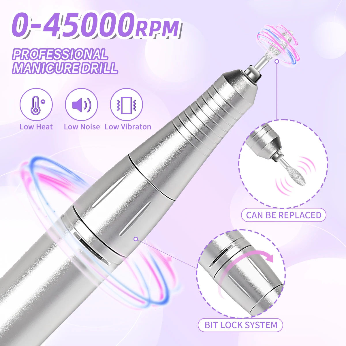 Taladro de uñas de 45000RPM con taladro de uñas portátil de poco ruido, lima lijadora de uñas recargable para herramienta de salón de manicura