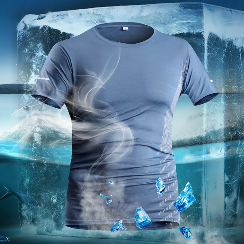 ランニング Tシャツ男性夏のアイスシルク薄いトップ反射印刷速乾性半袖通気性フィットネススポーツ Tシャツ 5XL