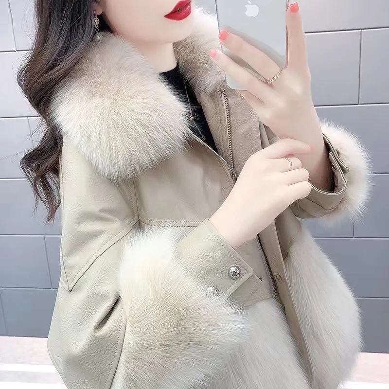 女性用合成皮革のミドル丈ジャケット,厚手のコート,ルーズファー,冬,2023