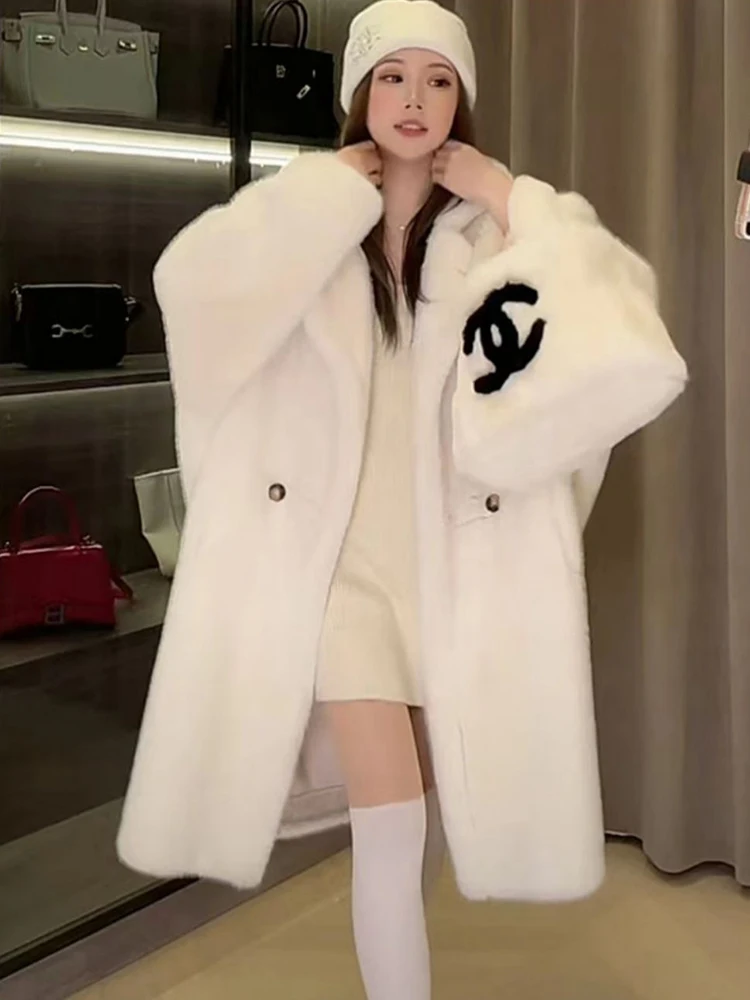 Lautaro-abrigo de oso de peluche para mujer, abrigo largo de gran tamaño, blanco, grueso, cálido, con capucha, holgado, informal, moda coreana, invierno, 2023