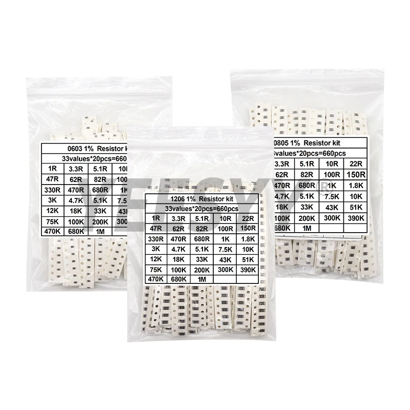 660 Uds 0603 0805 1206 0402 0201 1% Kit surtido de resistencias de Chip SMD 1R - 1M ohm 33valuesX20pcs juego de muestras de resistencia