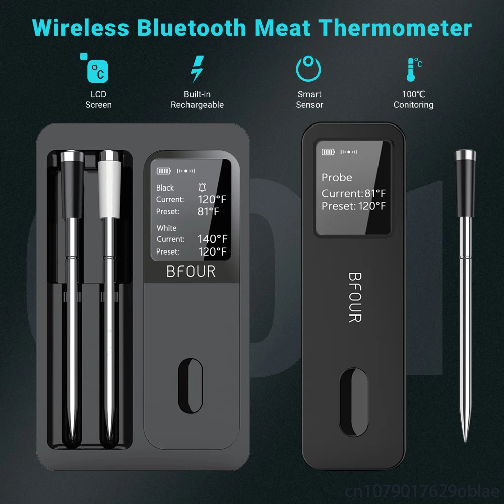 Termómetro inalámbrico para carne con Bluetooth, sondas impermeables IP67 con amplificador de pantalla LCD, recargable para asar, ahumador, horno de barbacoa