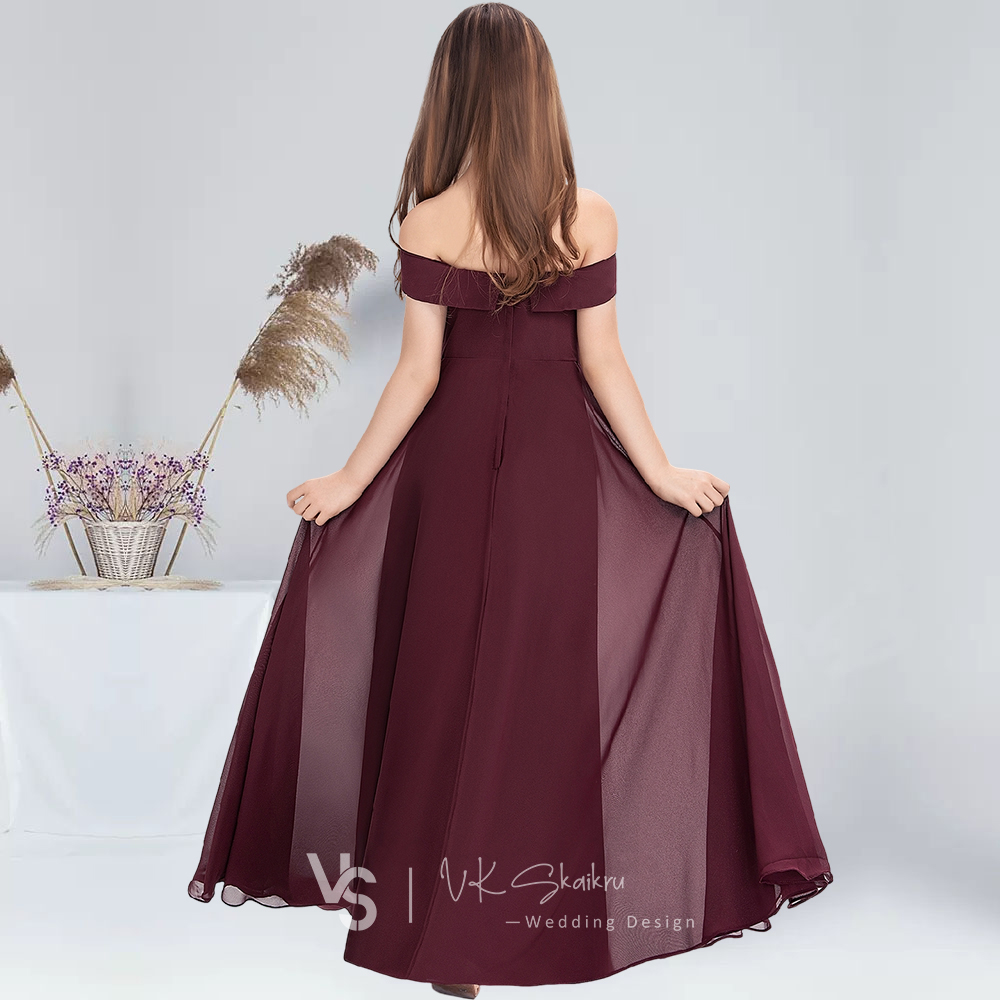 A-Linie, schulterfrei, bodenlang, Chiffon, Junior-Brautjungfernkleider, Cabernet, Blumenmädchenkleid, Hochzeit, Junior-Partykleid