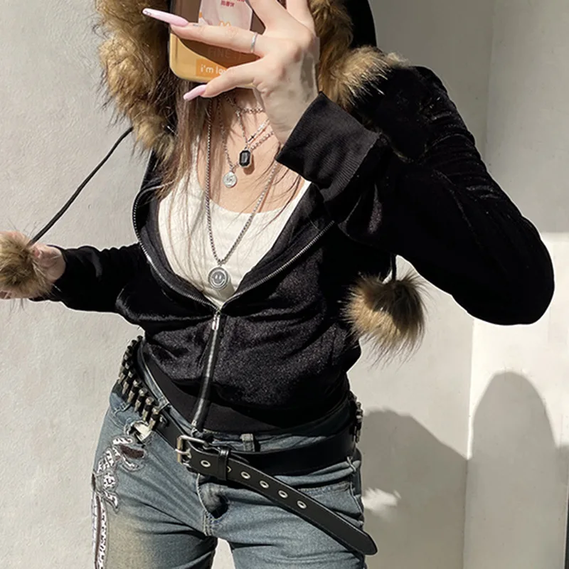 Goth escuro 90s estética macio veludo zip moletom com capuz cyber y2k gola falsa bolso casacos com capuz feminino fino streetwear gótico