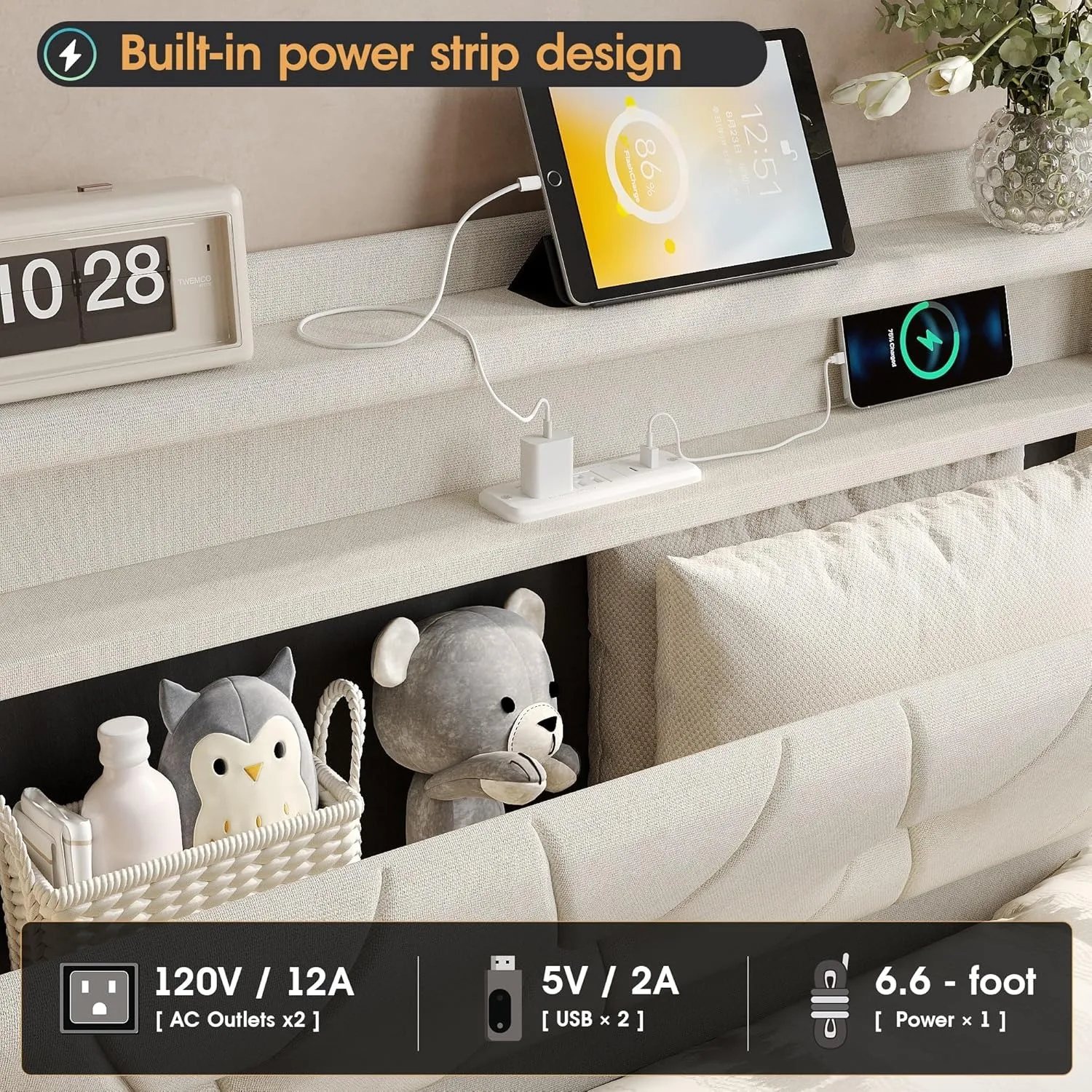 Twin Size Lift Up Bed Frame, Storage Headboard with Charging Station, LED Lights Upholstered Platform Bed, No Box Spring Needed