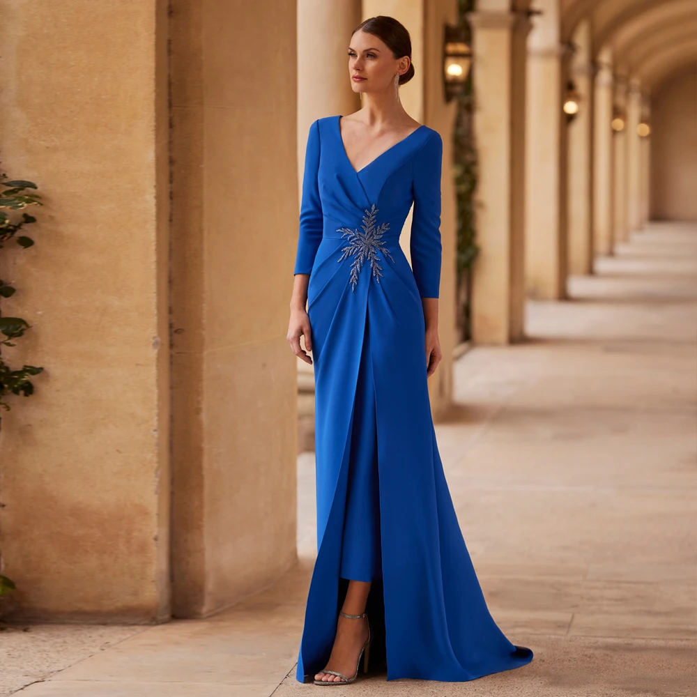 Elegant ROYAL BLUE ชุดเจ้าสาว V คอ 3/4 แขนที่กําหนดเองงานแต่งงานชุด Applique Mermaid FBساتة