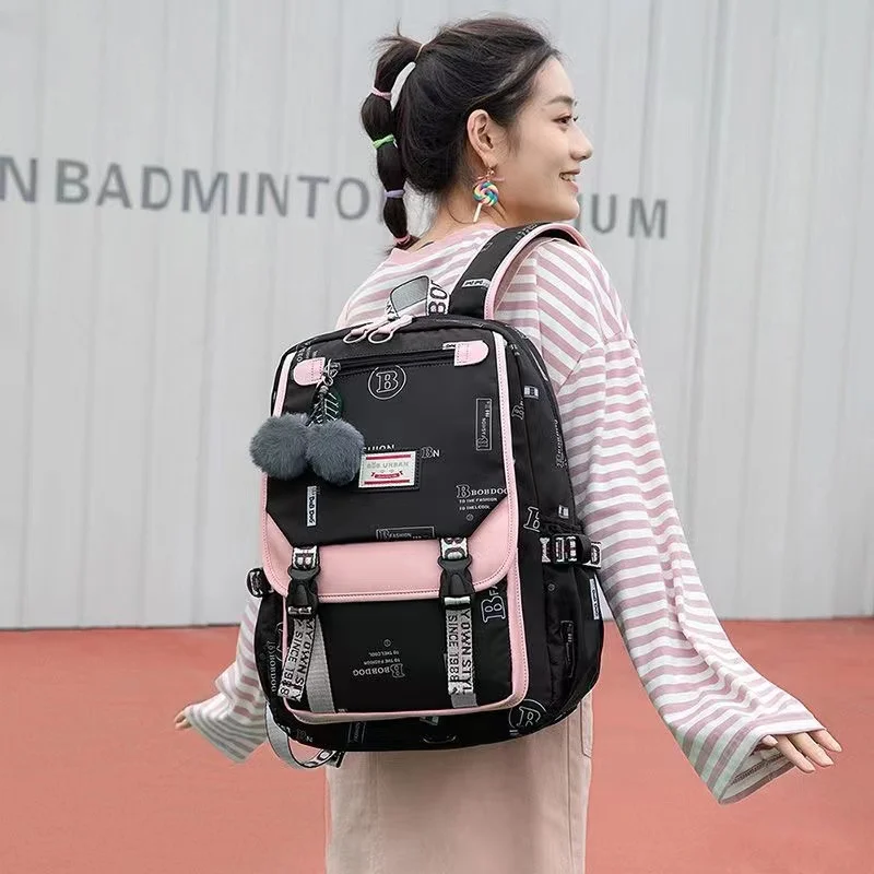 Fengdong 大型ランドセル十代の女の子のための USB ポートキャンバス通学学生ブックバッグファッション黒ピンクティーンスクールバックパック
