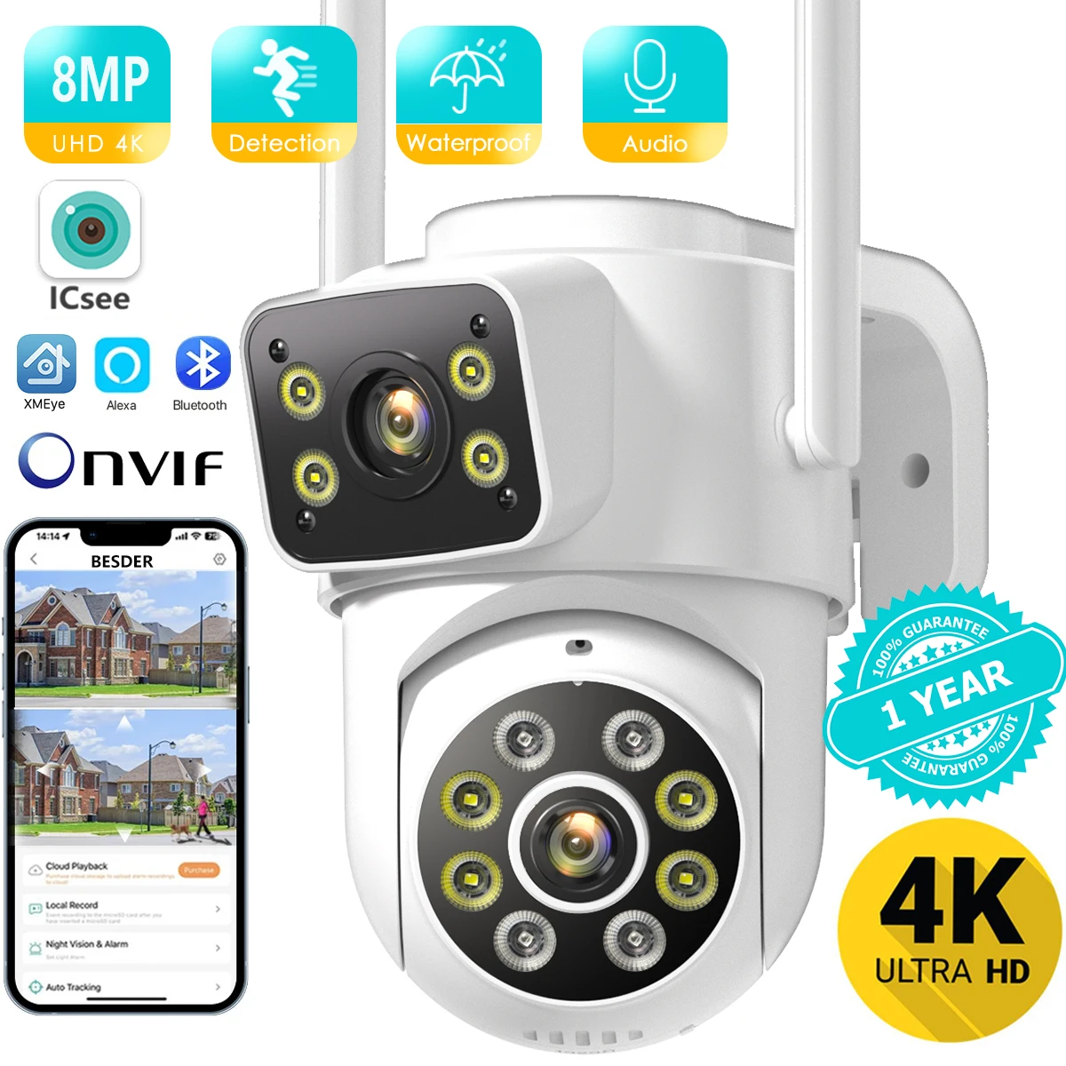 Cámara WiFi de 8MP PTZ pantallas duales seguimiento automático visión nocturna cámara de vigilancia CCTV al aire libre cámara IP de seguridad de 4MP icsee