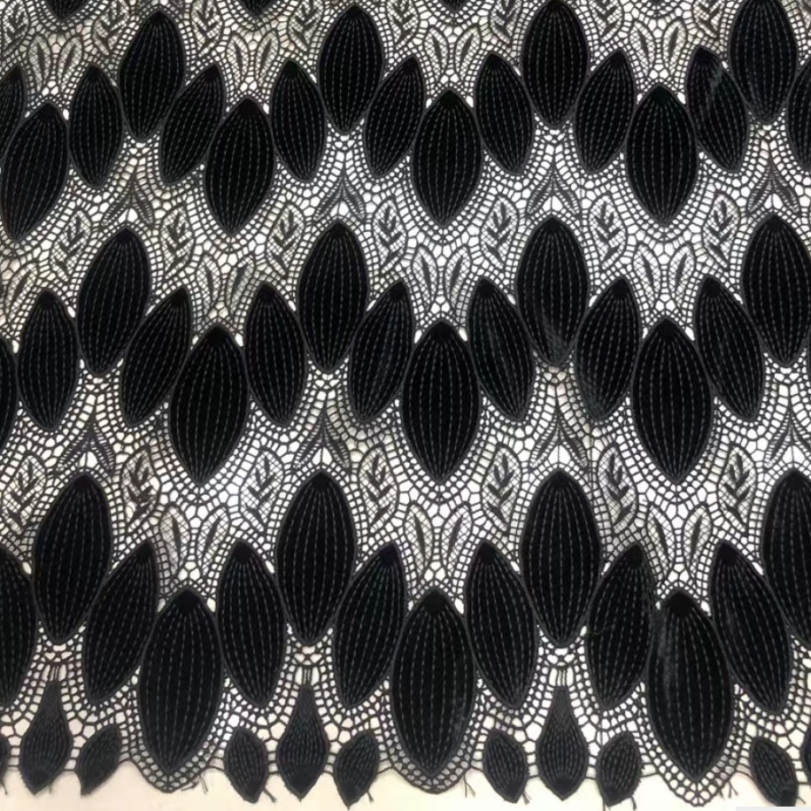 Mulheres de veludo preto bordado a laser geometria tecido floral, rendas roupas ocas, DIY vestido, outono, inverno, ver, 5 Yds