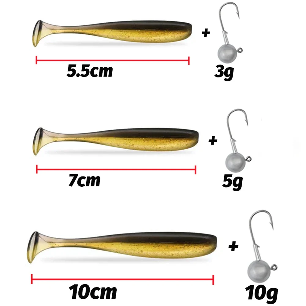 10PCS Soft Lure 5.5 ซม.7 ซม.10 ซม.T TAIL หนอน 3PCS Jigging HEAD Hook 3g 5g 10g โลหะ JIG ปลาคาร์พตกปลา Pesca Swimbait ชุดเกียร์เหยื่อ