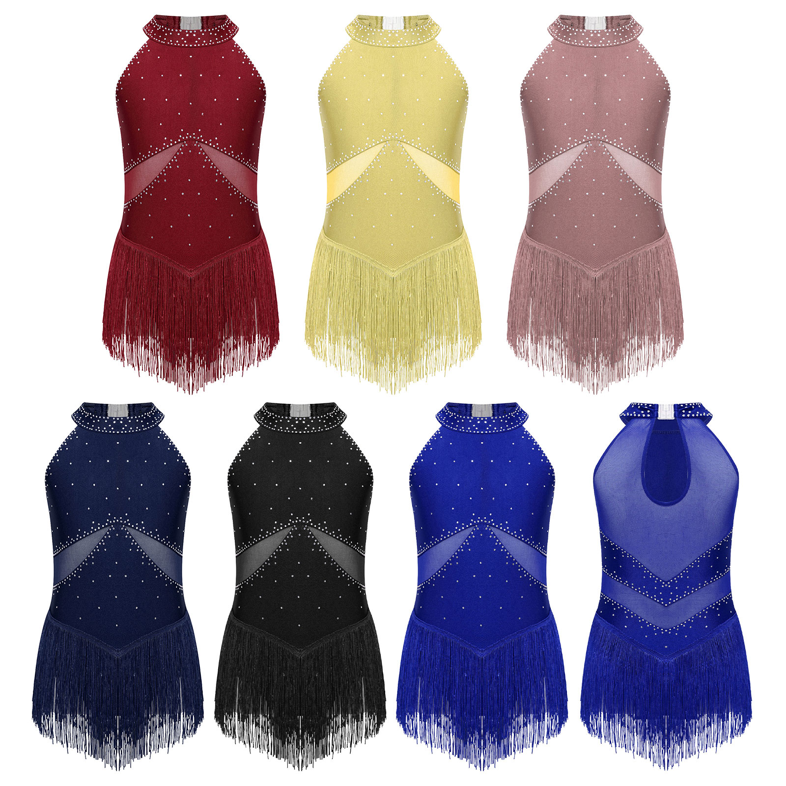 Kids Girls Fringed Dance Leotard Glittery Rhinestones Sheer Mesh Patchwork Keyhole Back Tassel Bodysuit for Figure Skating