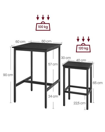 VASAGLE Bartisch mit Barhocker-Set, Esstisch mit 2 Stühlen, Küchentisch klein 60 x 60 x 90 cm