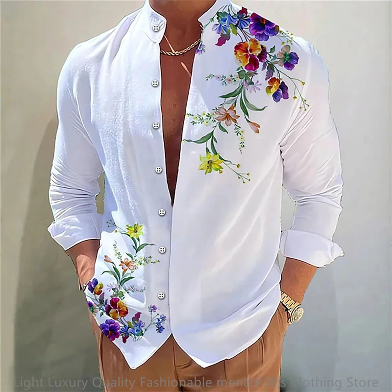 Camisa de manga larga para hombre, ropa de pie con estampado 3D de flores, de moda, informal, XS-6XL, tela suave, nueva