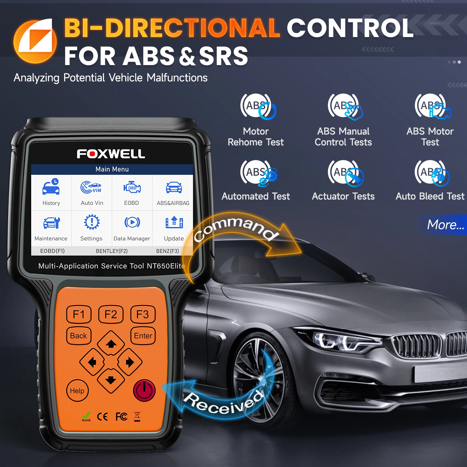 Foxwell nt650 elite carro obd2 scanner ferramentas de diagnóstico abs srs leitor código epb tpms dpf brt óleo redefinição obd2 scanner automotivo