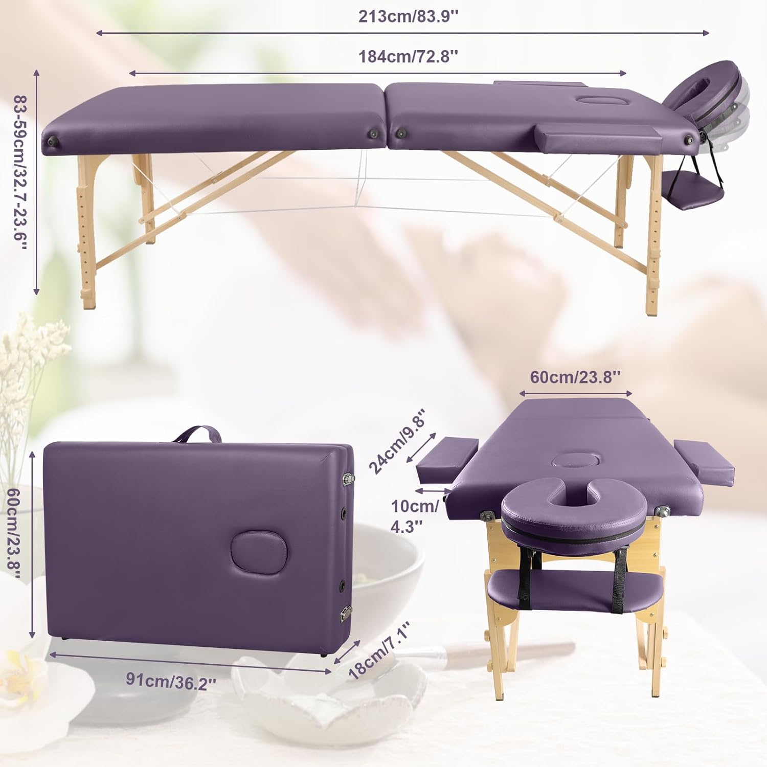 Mesa de masaje portátil para pestañas, cama masaje plegable madera de 2 zonas con bolsa tejida para tatuajes