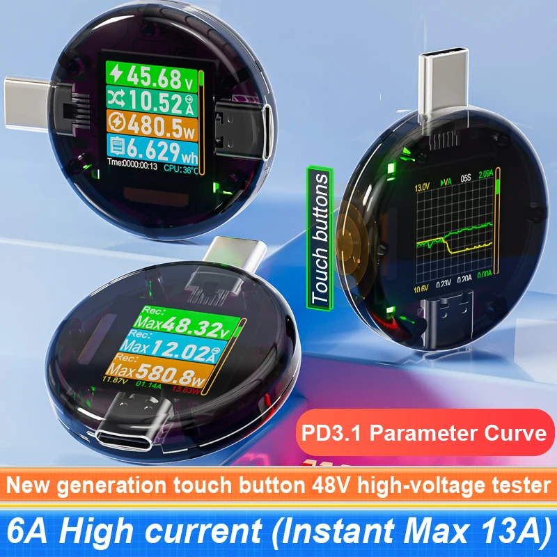 Probador de detección de cargador PD3.1 tipo C, 48V, 12A, CC, voltaje Digital, corriente, banco de energía, medidor de capacidad, Detector de amperios, Monitor CC085