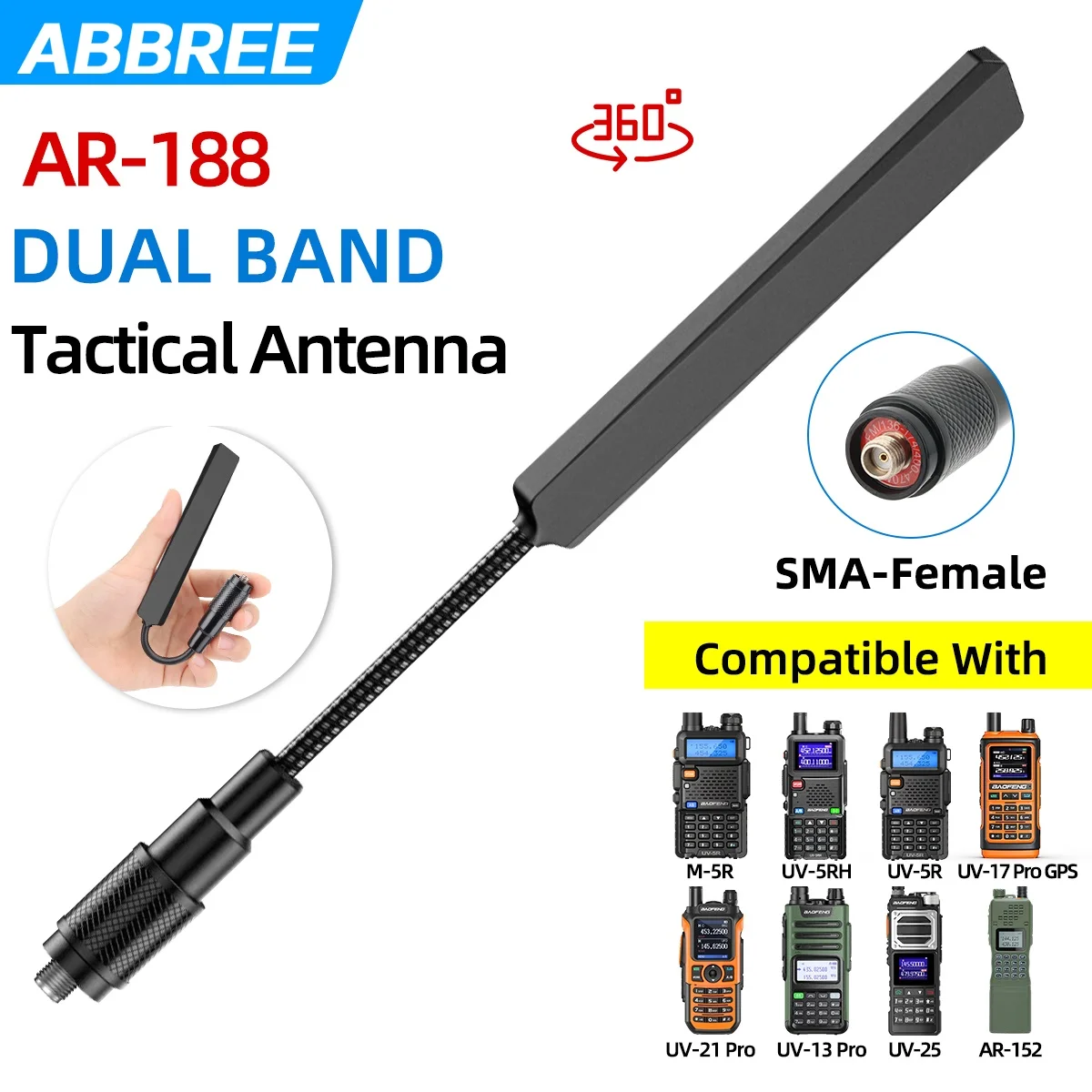 ABBREE AR-188 SMA żeńska antena dwuzakresowa 144/430 MHz dla Baofeng UV 5R 5RH 21 Pro Quansheng UV K5 K5(8) Walkie Talkie Ham Radio